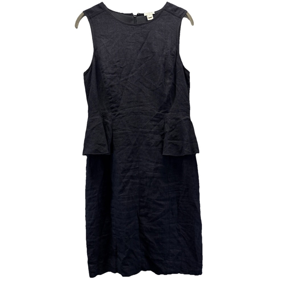 J. Crew Linen Dress Size 6 Solid Black Side Ruffle Back Zipper Sleeveless Lined